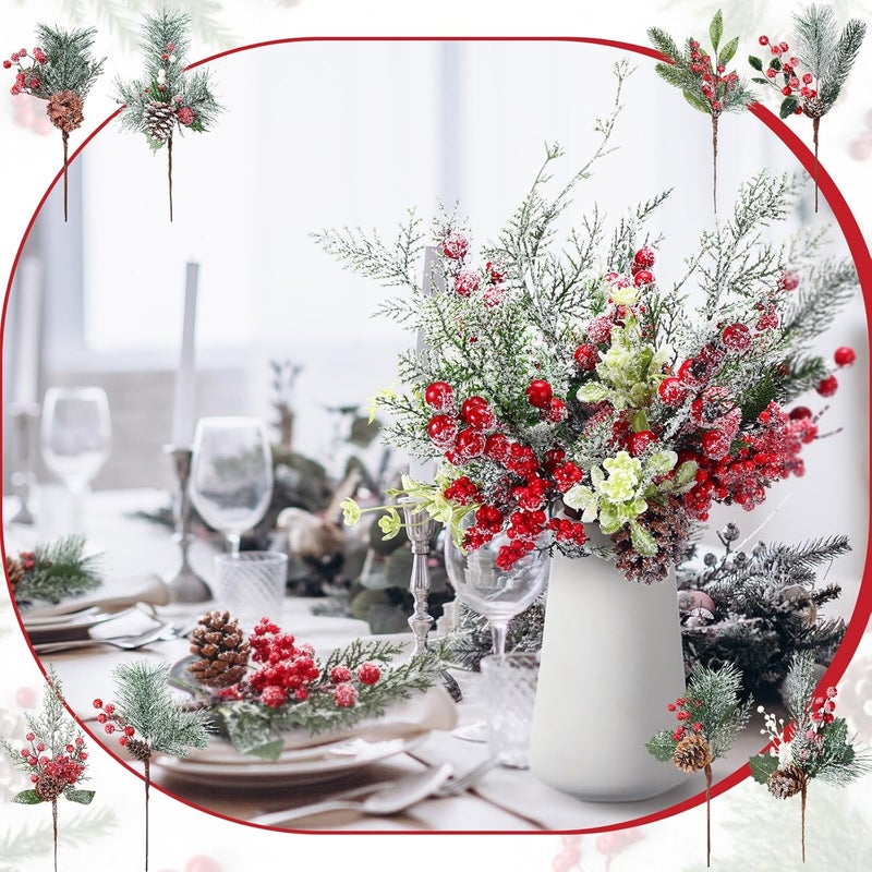 Solsew 16 Pcs Christmas Pine Cones Picks Artificial Berries Sprays Branches Faux Greenery Floral Stems Snowy Holly Pine Needles for Xmas Tree Wreath Garland Craft Decor(Stylish Snowy Style) - Image 4